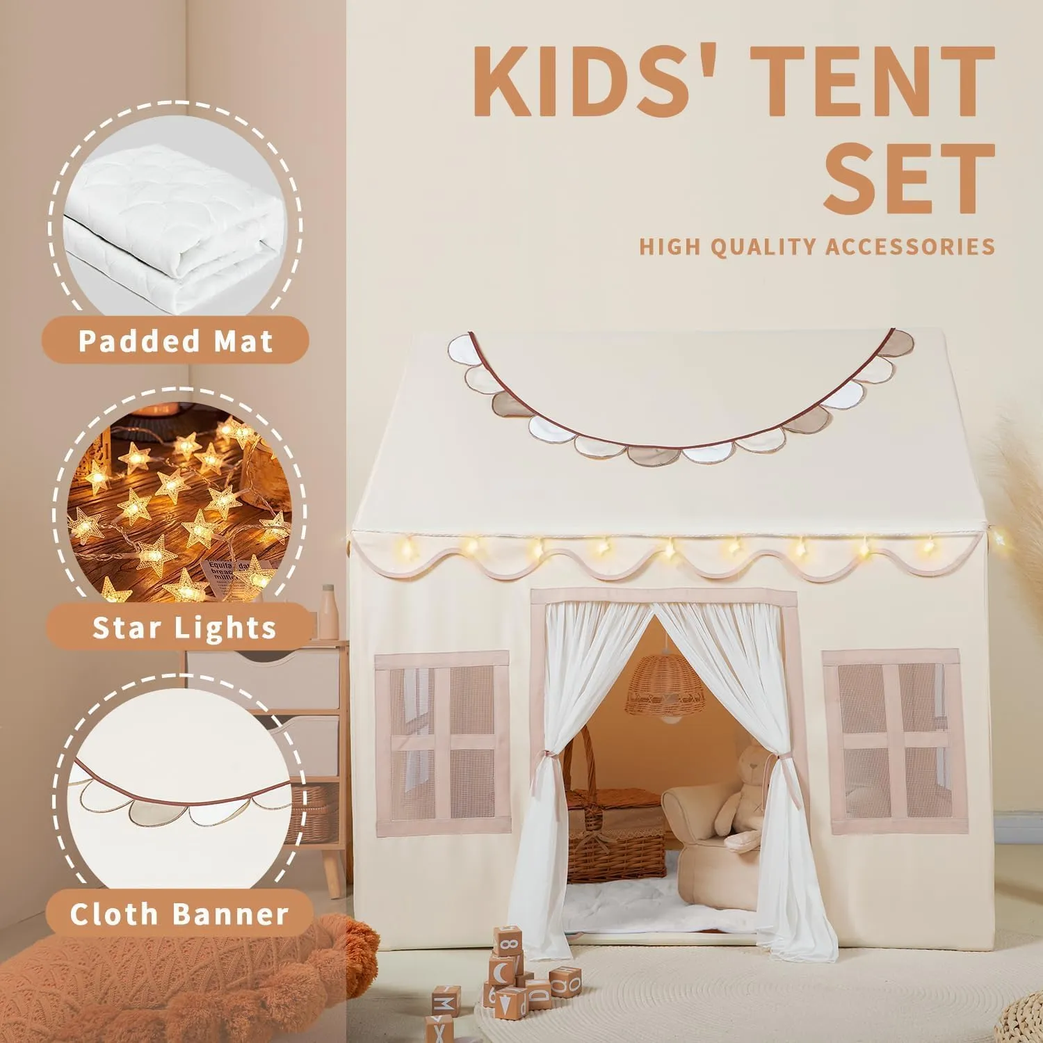 Wilwolfer Play Tent for Kids Indoor - Kids Tent Indoor Toddlers Large Toddler Toy House Birthday Gift for Boys & Girls Playroom Decor (Beige Playhouse with Mat)