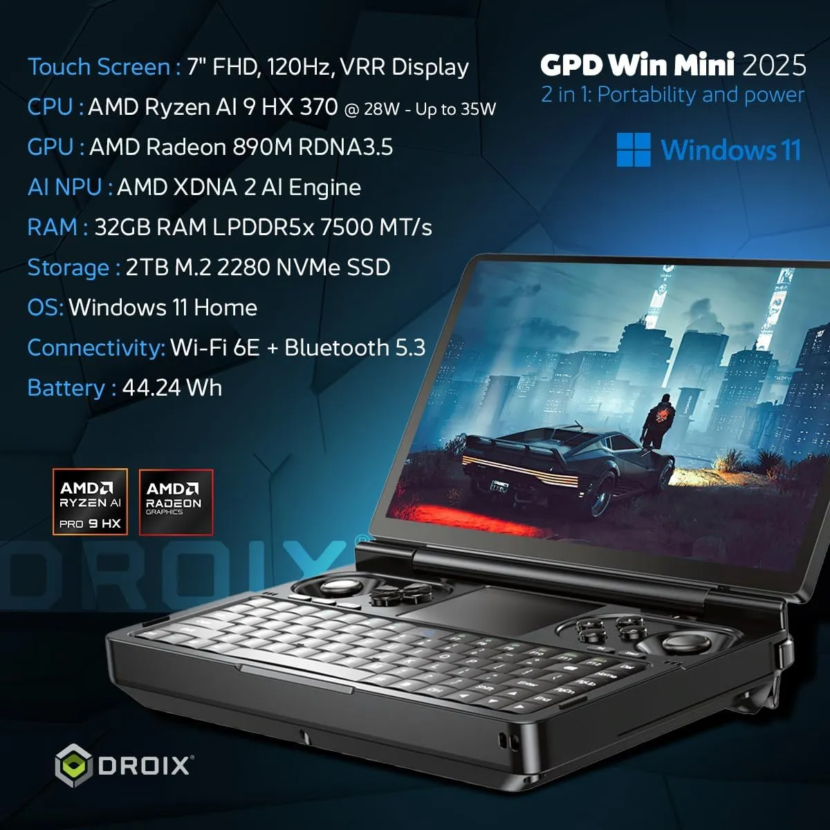Win Mini 2025 Handheld Gaming PC, AMD Ryzen AI 9 370, 12C/24T up to 5.1GHz, Radeon 890M GPU, 32GB LPDDR5X RAM, 2TB NVMe SSD, 7” 1080p 120Hz Touchscreen, Wi-Fi 6E Bluetooth 5.3