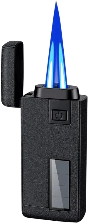 Windproof Butane Lighter Jet Dual Flame Visible Fuel Window Flame Adjustment with Hole Punch Suitable for Daily Use and Outdoor Activities(Black1)