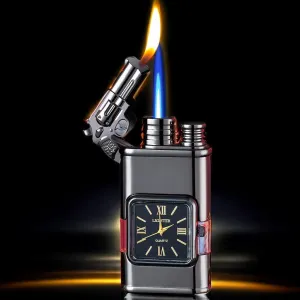 Windproof Lighter, Vintage Lighter with Watch, Jet Torch/Soft Flame Switchable Lighters, Cool Lighters with Adjustable Flame Dial, Butane Refillable for Men/Husband (Fuel Not Included)