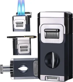 Windproof Refillable Butane Jet Flame Torch Lighter with Built-in V-Cutter and Lighter Holder Gift for Men（Without Butane）