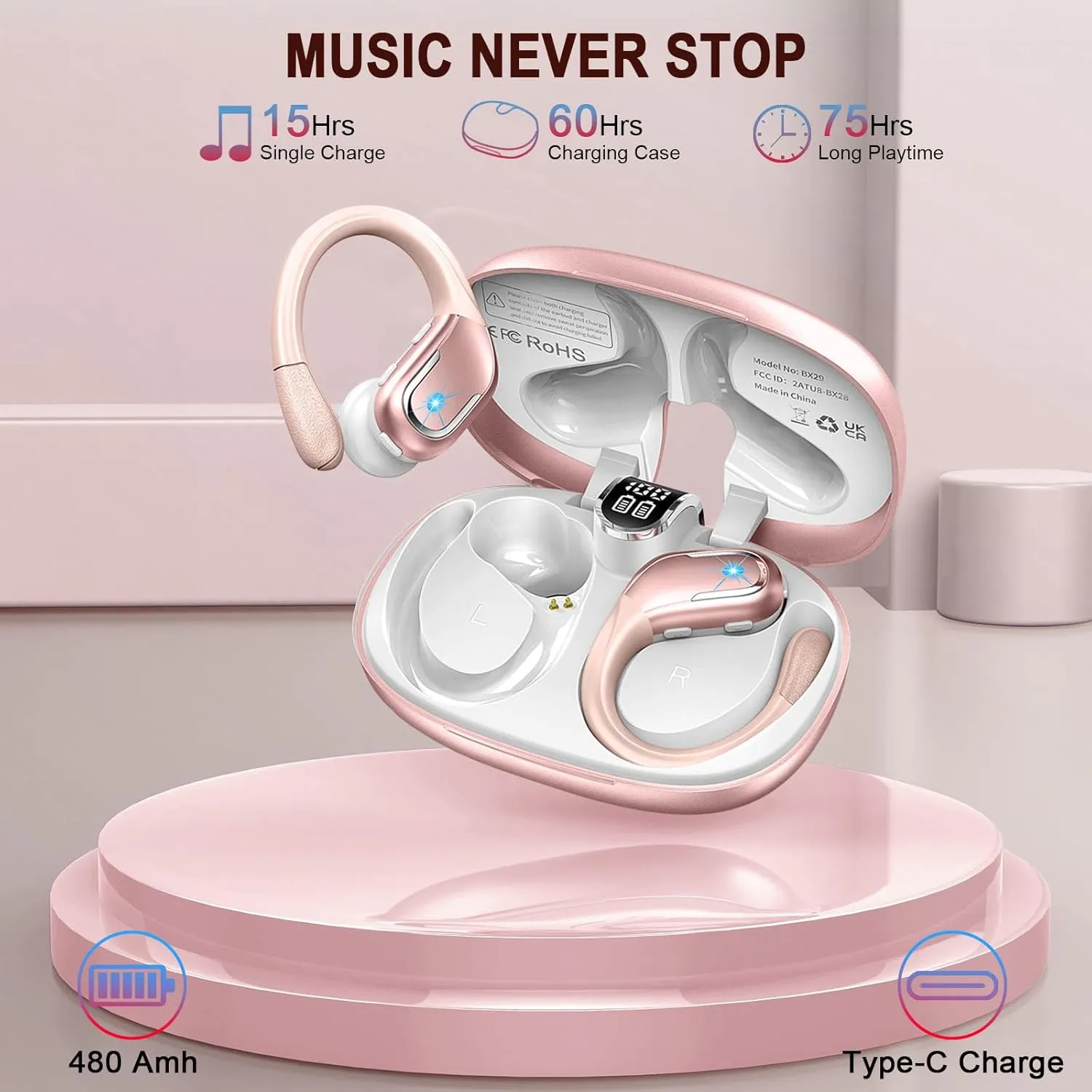 Wireless Bluetooth Earbud Sport, Bluetooth 5.3 Headphones with Noise Cancelling Mic, 75H HiFi Stereo Over Ear Earbud with LED Display and USB-C, IP7 Waterproof Earphones, Button Control, Bright Gold