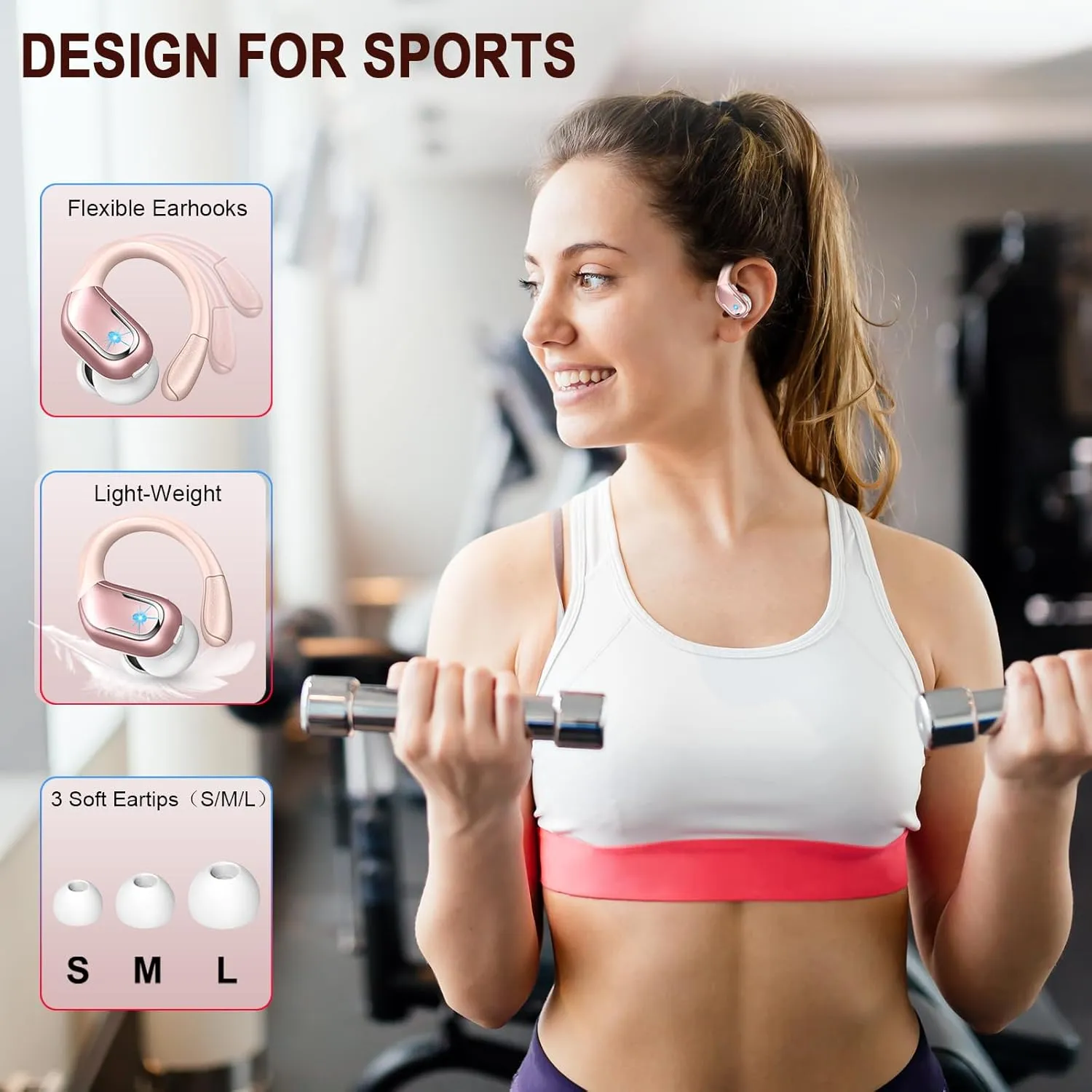 Wireless Bluetooth Earbud Sport, Bluetooth 5.3 Headphones with Noise Cancelling Mic, 75H HiFi Stereo Over Ear Earbud with LED Display and USB-C, IP7 Waterproof Earphones, Button Control, Bright Gold