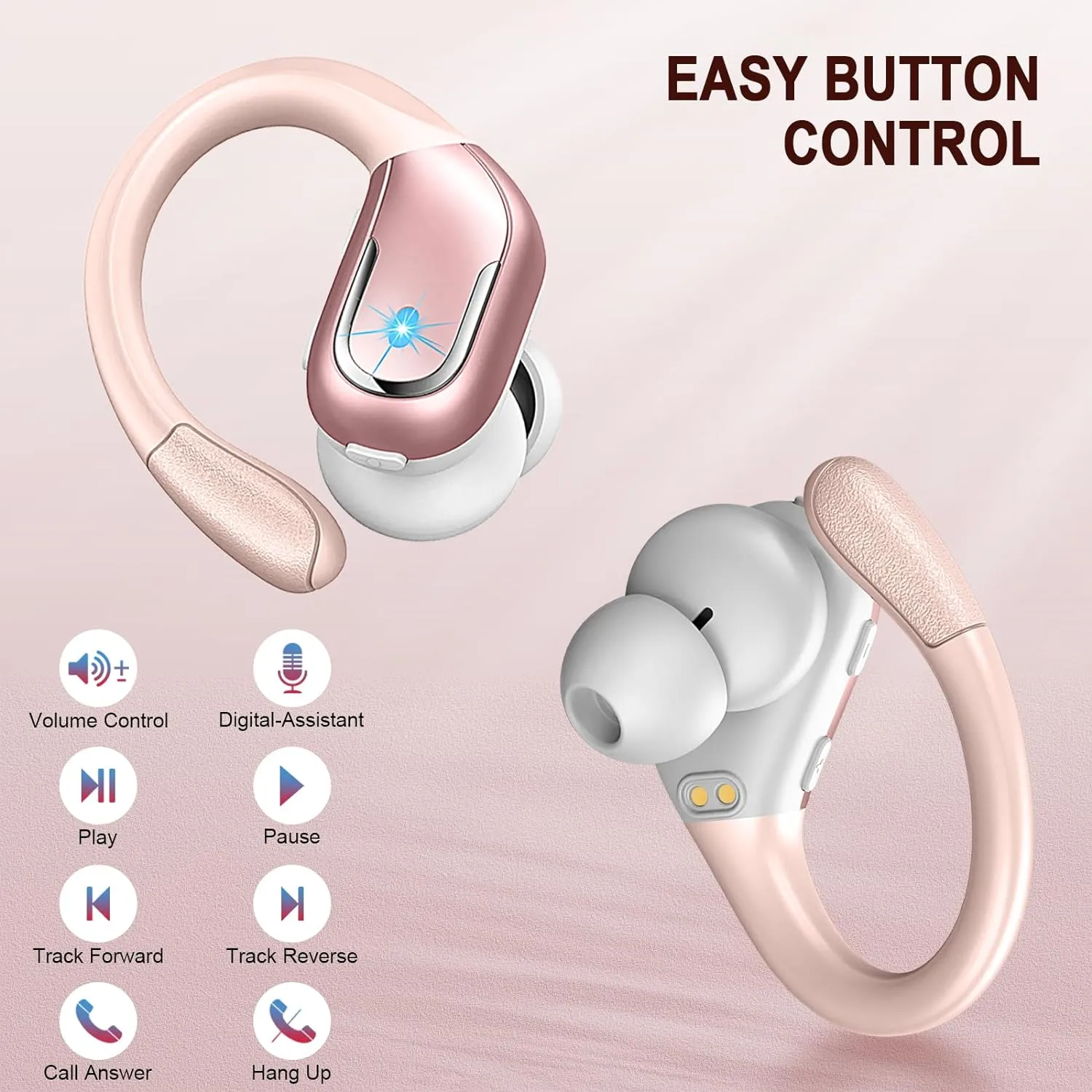 Wireless Bluetooth Earbud Sport, Bluetooth 5.3 Headphones with Noise Cancelling Mic, 75H HiFi Stereo Over Ear Earbud with LED Display and USB-C, IP7 Waterproof Earphones, Button Control, Bright Gold