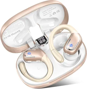 Wireless Bluetooth Earbud Sport, Bluetooth 5.3 Headphones with Noise Cancelling Mic, 75H HiFi Stereo Over Ear Earbud with LED Display and USB-C, IP7 Waterproof Earphones, Button Control, Bright Gold