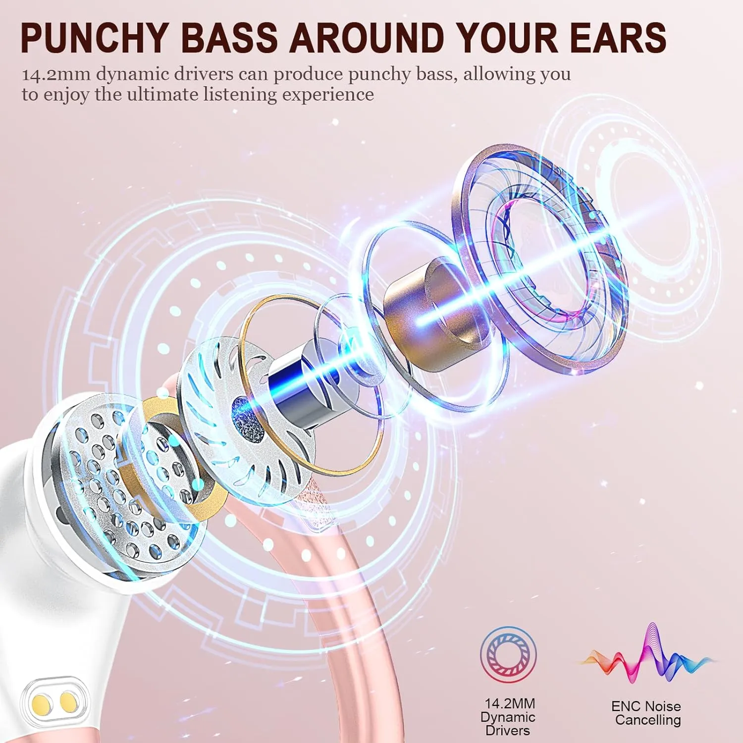 Wireless Bluetooth Earbud Sport, Bluetooth 5.3 Headphones with Noise Cancelling Mic, 75H HiFi Stereo Over Ear Earbud with LED Display and USB-C, IP7 Waterproof Earphones, Button Control, Bright Gold
