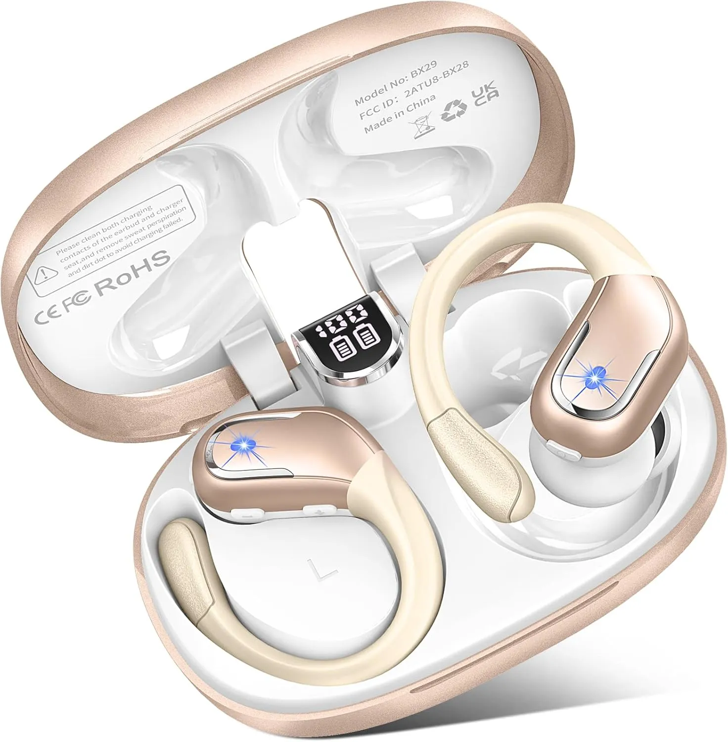Wireless Bluetooth Earbud Sport, Bluetooth 5.3 Headphones with Noise Cancelling Mic, 75H HiFi Stereo Over Ear Earbud with LED Display and USB-C, IP7 Waterproof Earphones, Button Control, Bright Gold