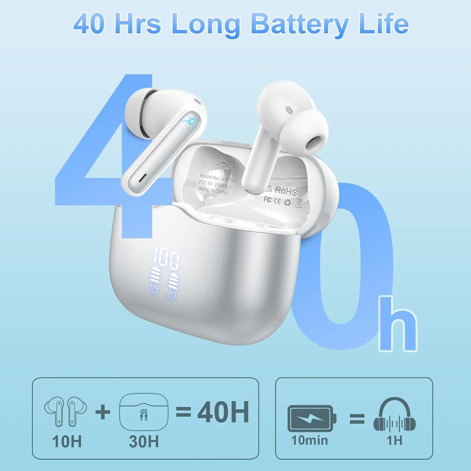Wireless Earbuds, 2025 Bluetooth 5.4 Headphones in Ear with 4 ENC Noise Cancelling Mic, New Wireless Earphones HiFi Stereo Deep Bass 40H Playtime, LED, In-Ear Bluetooth Ear Buds IP7 Waterproof, Silver