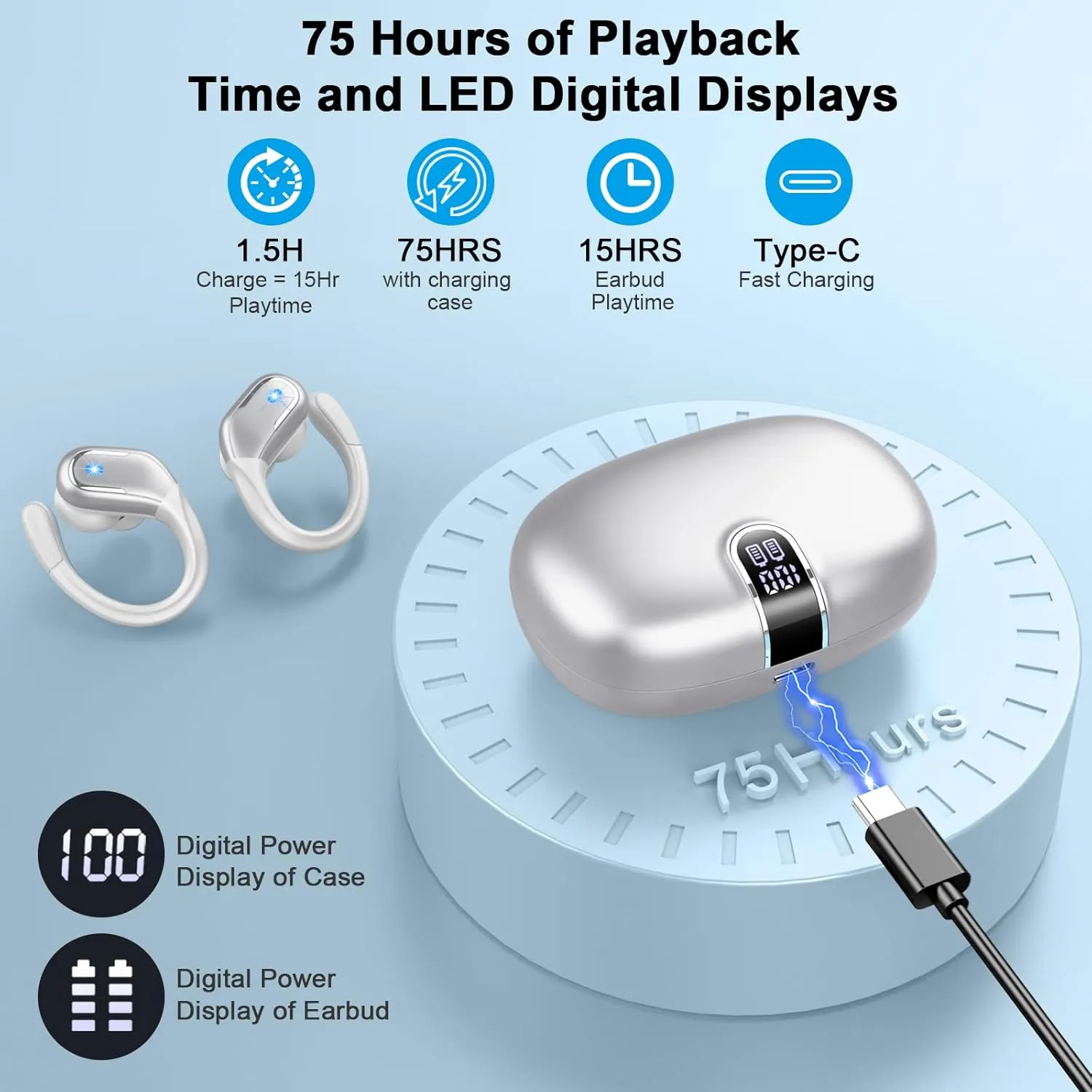 Wireless Earbuds, 75Hrs Bluetooth 5.4 Headphones Sport, Bluetooth Earbuds with ENC Noise Canceling Mic, Bass Stereo Wireless Earphones IP7 Waterproof Over Ear Buds with Earhooks for Running, Silver
