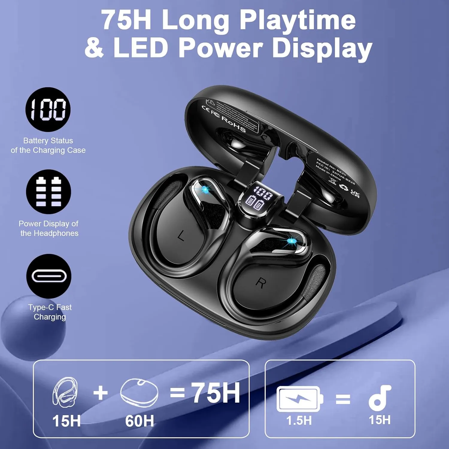 Wireless Earbuds, 75Hrs Bluetooth 5.4 Headphones Sport, Bluetooth Earbuds with ENC Noise Canceling Mic, Bass Stereo Wireless Earphones, IP7 Waterproof Over Ear Buds with Earhooks for Running/Workout