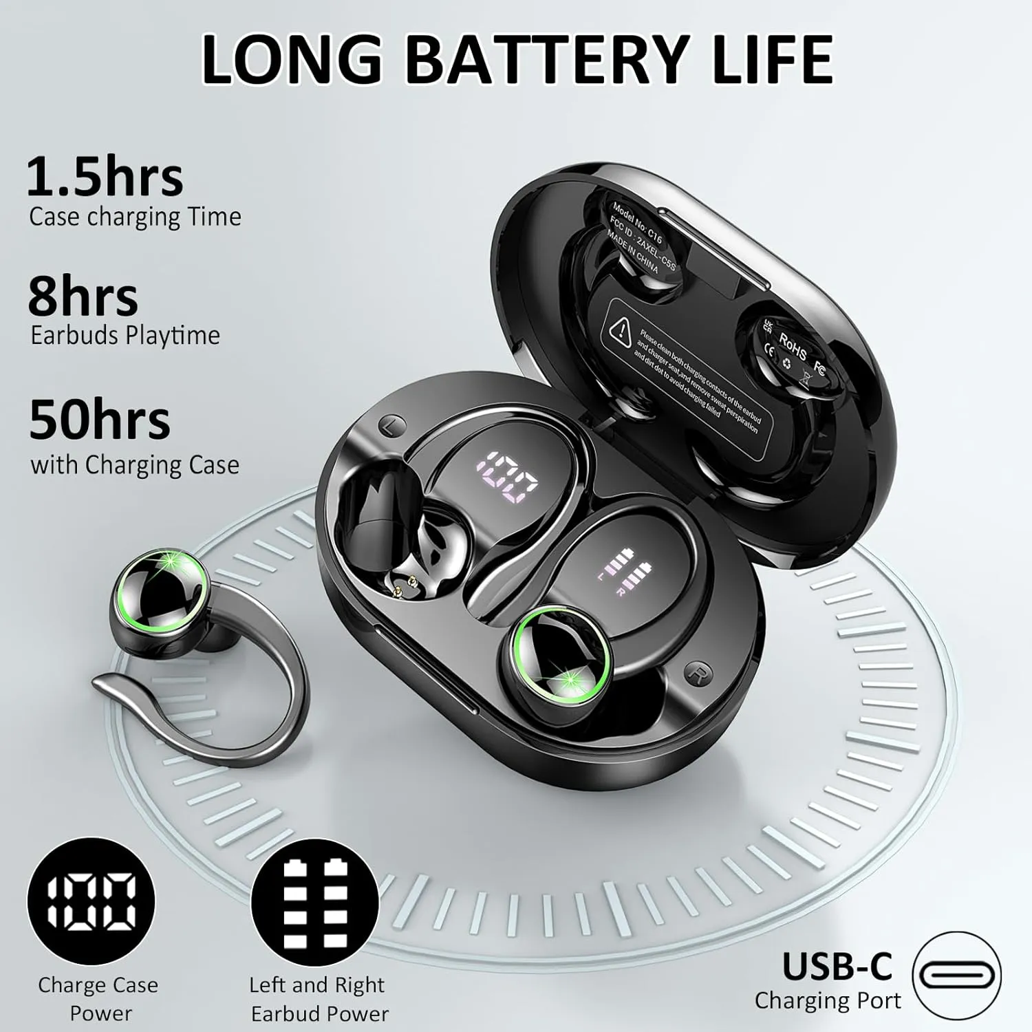 Wireless Earbuds, Bluetooth 5.4 Headphones Sports, 50H Playback Over-Ear buds with ENC Noise Cancelling Mic, Deep Bass Fitness Earphones with Earhooks, IP7 Waterproof Headset for Gym Running Workout