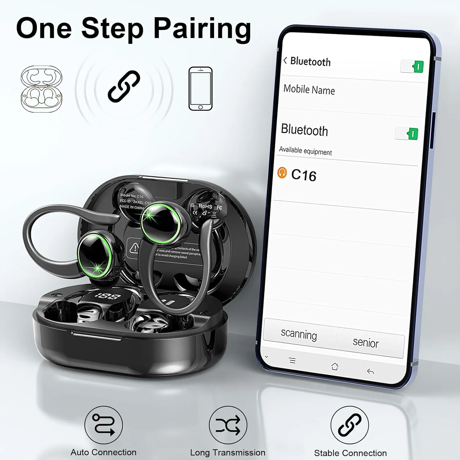 Wireless Earbuds, Bluetooth 5.4 Headphones Sports, 50H Playback Over-Ear buds with ENC Noise Cancelling Mic, Deep Bass Fitness Earphones with Earhooks, IP7 Waterproof Headset for Gym Running Workout