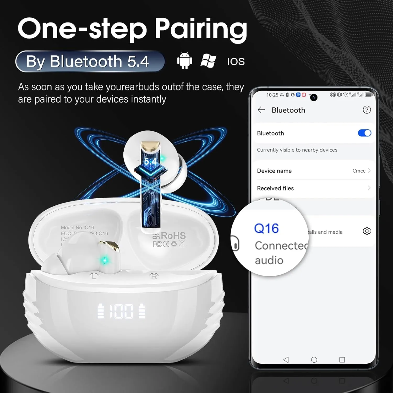 Wireless Earbuds Bluetooth 5.4 in Ear Light-Weight Headphones Built-in MIC, 48H Playback HiFi Stereo Bass Earphones, IPX7 Waterproof Ear Buds with Digital Display Charging Case, Touch Control, White