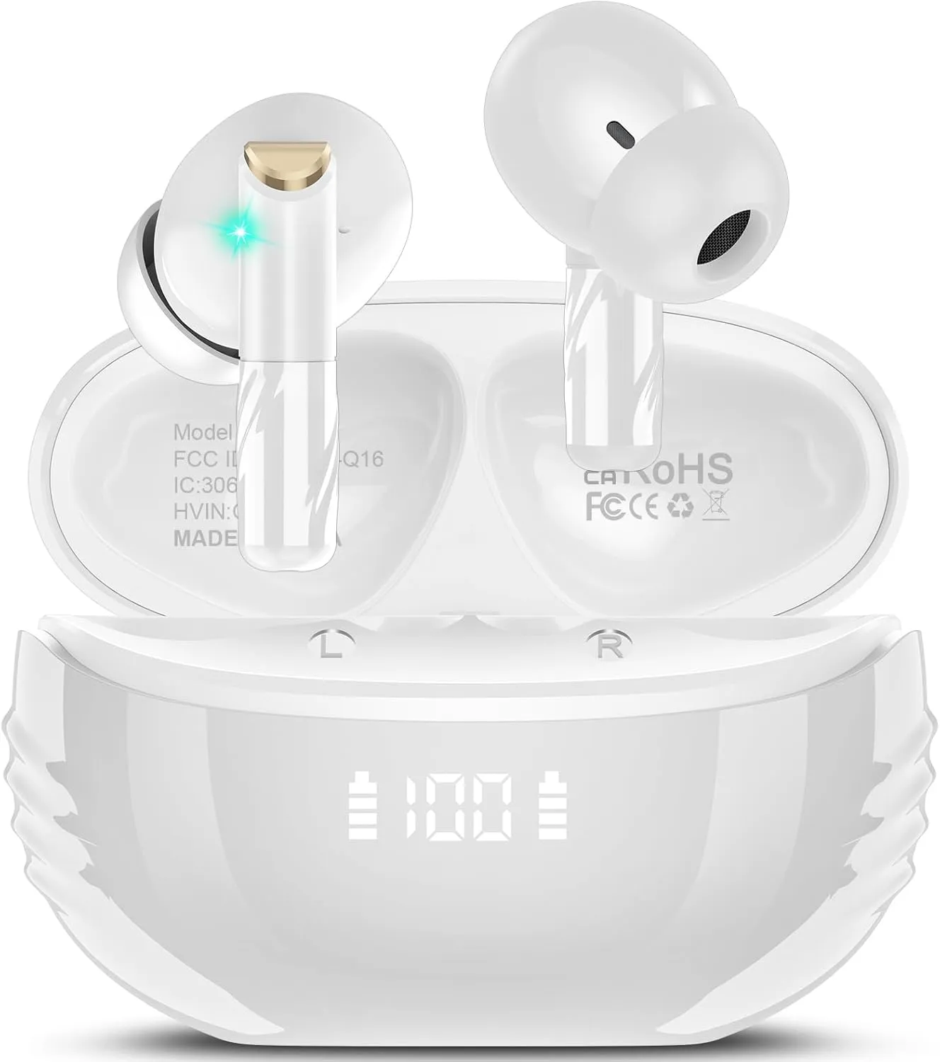 Wireless Earbuds Bluetooth 5.4 in Ear Light-Weight Headphones Built-in MIC, 48H Playback HiFi Stereo Bass Earphones, IPX7 Waterproof Ear Buds with Digital Display Charging Case, Touch Control, White