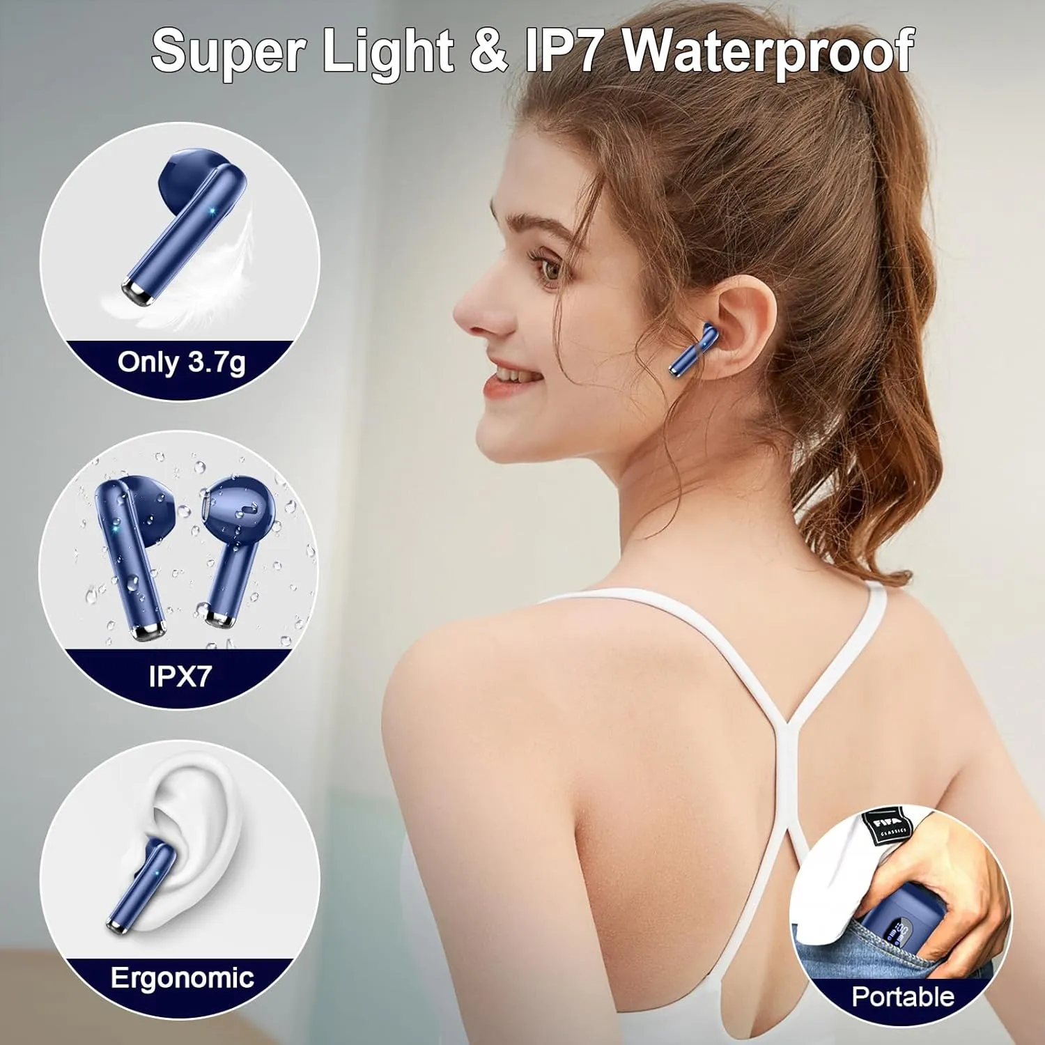 Wireless Earbuds Bluetooth Headphones Hi-Fi Stereo, 2024 Ear Buds with 4 ENC Mics, 3g Mini Wireless Headphones in Ear, 30H USB-C LED Charging Case, IP7 Waterproof Wireless Earphones for Android iOS