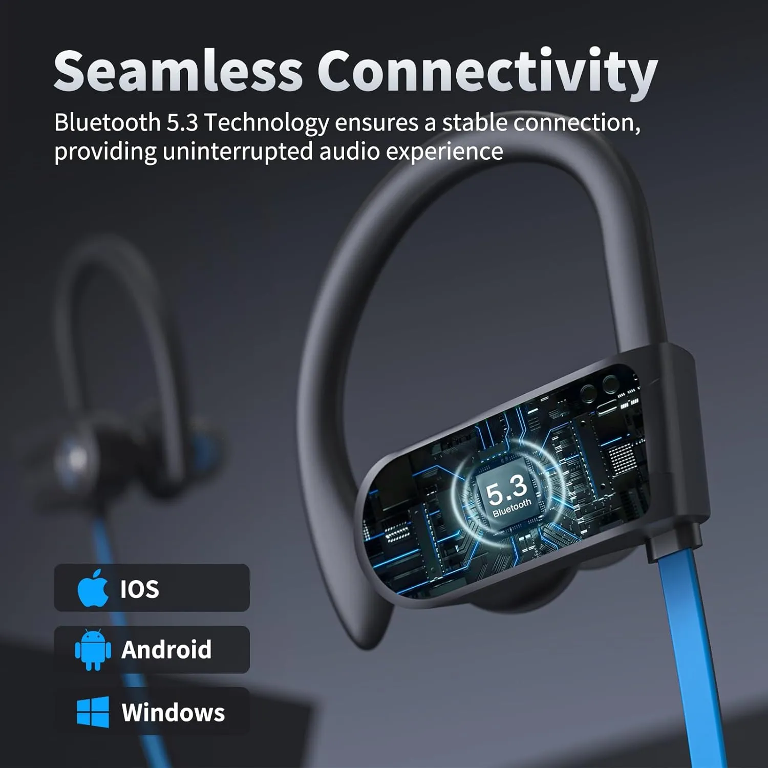 Wireless Headphones Bluetooth 5.3 Headphones with 16 Hours Playtime, Over-Ear Stereo Bass Earphones with Earhooks Headset, Sports Earbuds with Storage Bag for Running, Blue