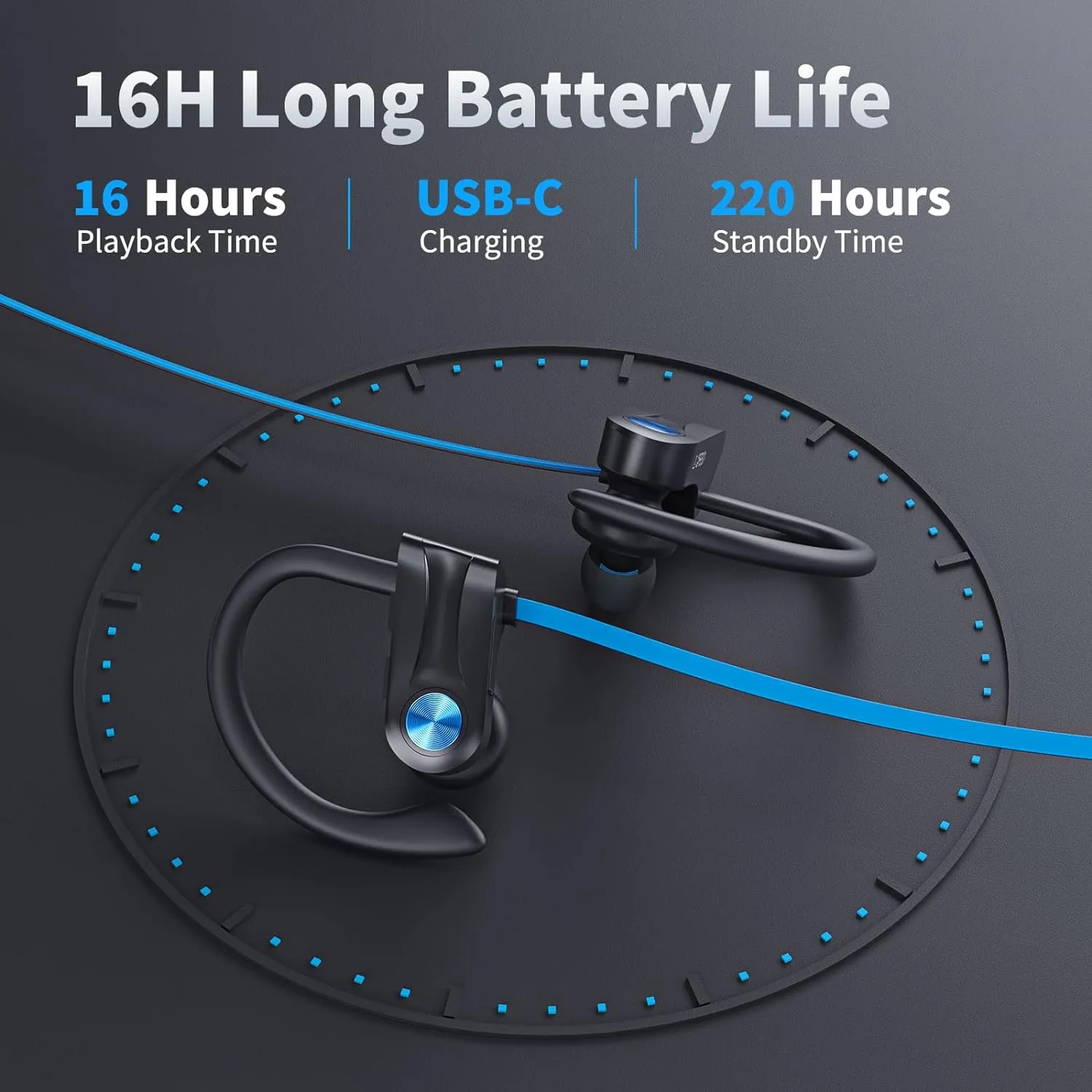 Wireless Headphones Bluetooth 5.3 Headphones with 16 Hours Playtime, Over-Ear Stereo Bass Earphones with Earhooks Headset, Sports Earbuds with Storage Bag for Running, Blue