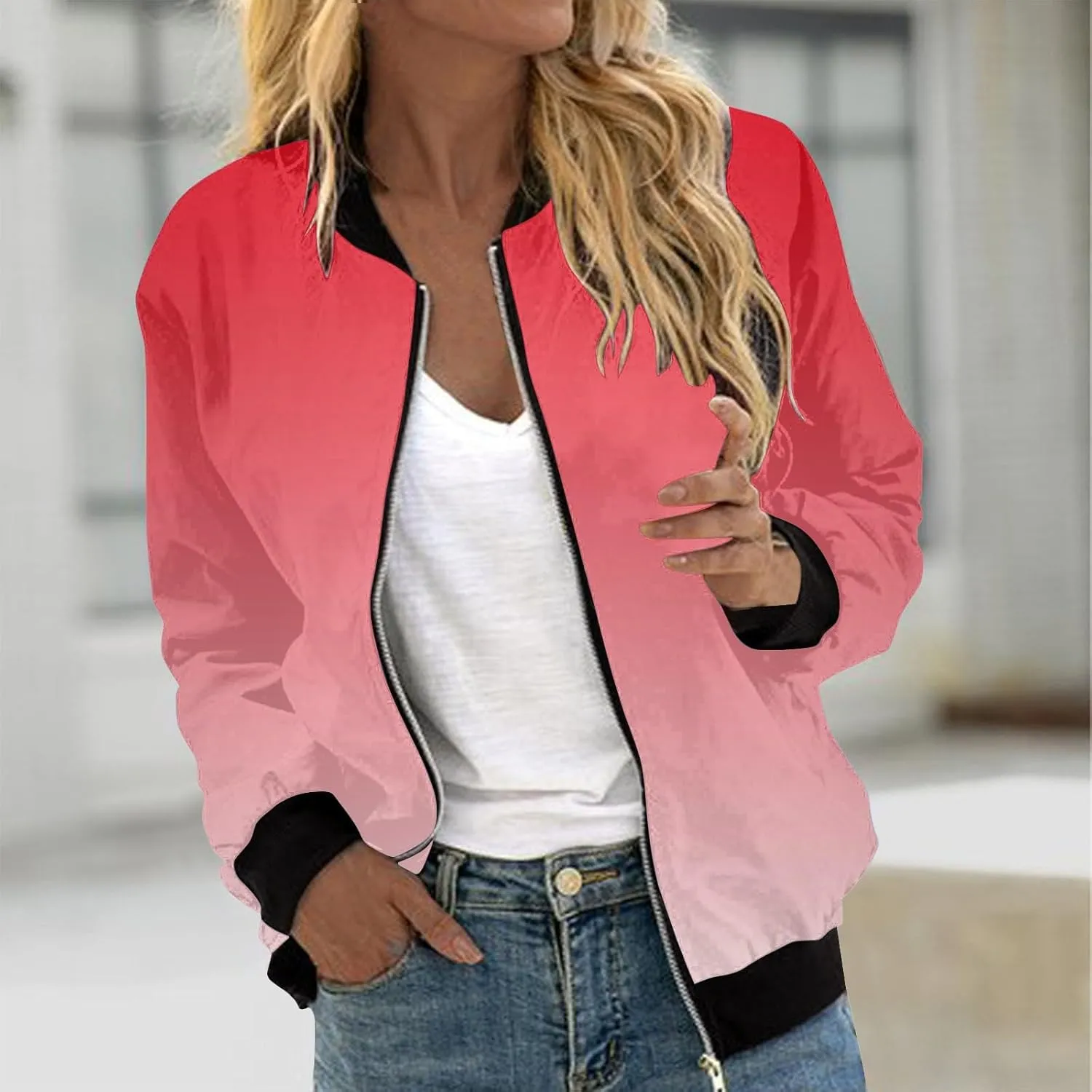 Women Fall Trendy Bomber Jacket Stand Collar Zip Up Windproof Floral Outerwears Long Sleeve Loose Casual Y2K Outwears