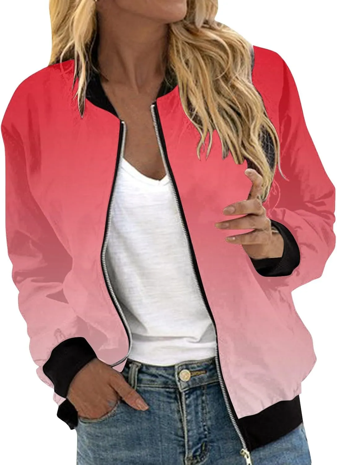 Women Fall Trendy Bomber Jacket Stand Collar Zip Up Windproof Floral Outerwears Long Sleeve Loose Casual Y2K Outwears