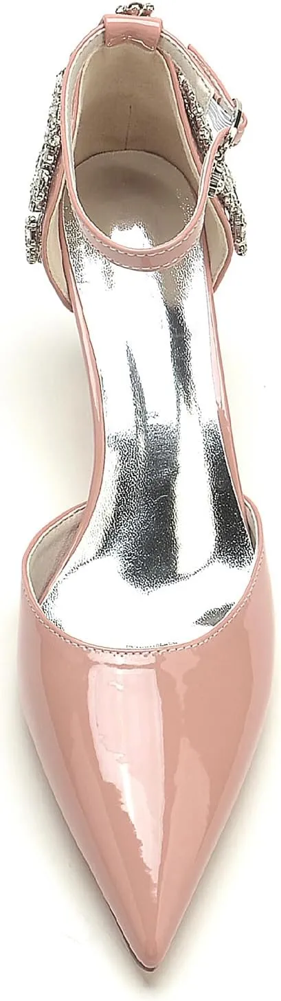 Womens Rhinestone Court Shoes Pointed Toe Mid High Heel Wedding Shoes Ladies Patent Leather Ankle Strap Bridal Pumps