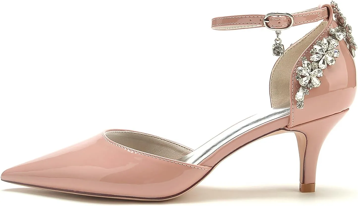Womens Rhinestone Court Shoes Pointed Toe Mid High Heel Wedding Shoes Ladies Patent Leather Ankle Strap Bridal Pumps
