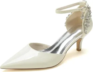 Womens Rhinestone Court Shoes Pointed Toe Mid High Heel Wedding Shoes Ladies Patent Leather Ankle Strap Bridal Pumps