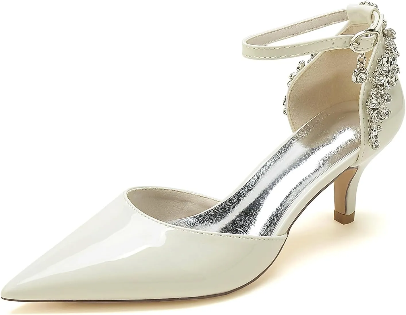 Womens Rhinestone Court Shoes Pointed Toe Mid High Heel Wedding Shoes Ladies Patent Leather Ankle Strap Bridal Pumps