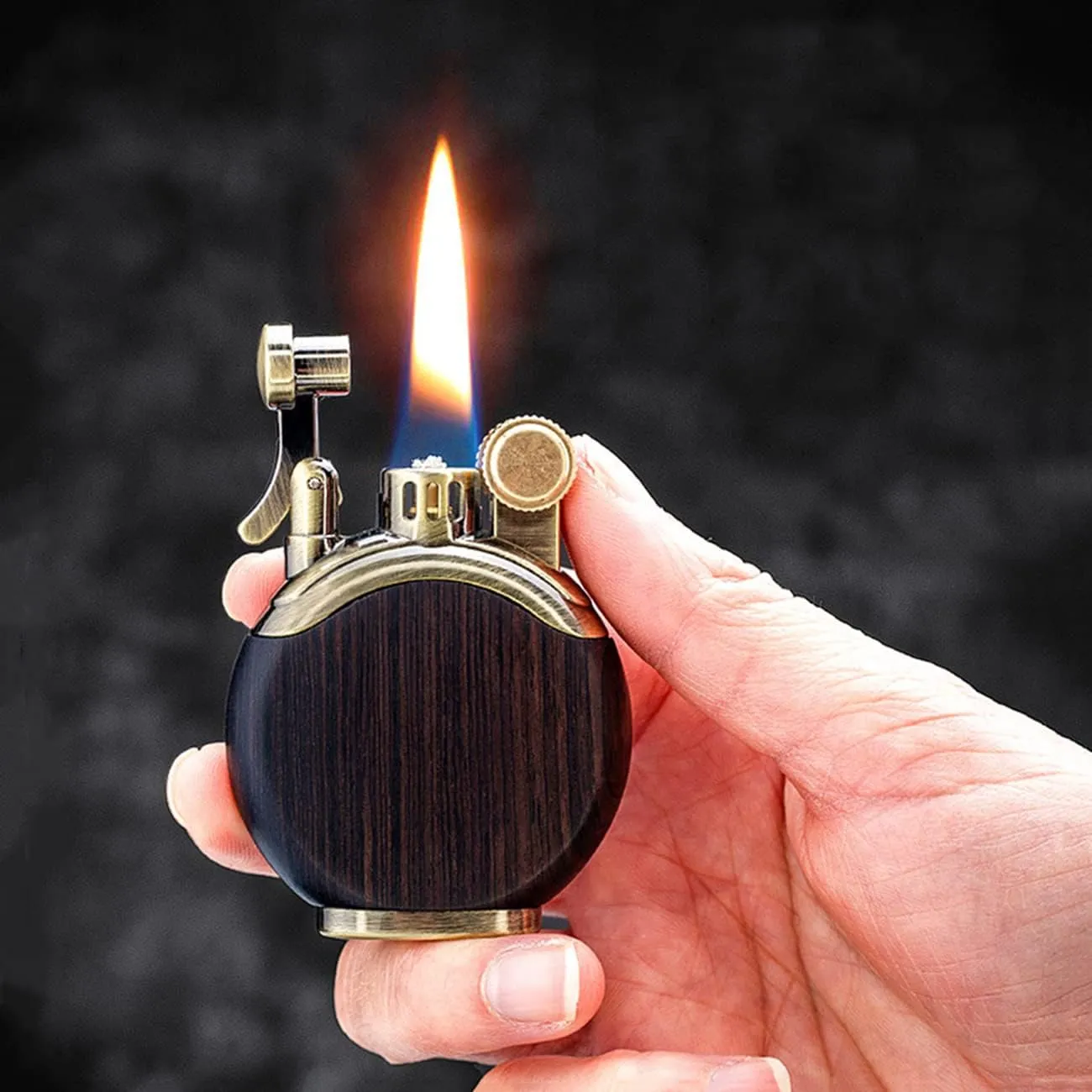 Wooden Lighter, Windproof Reusable Antique Classic Flame Lighter, Unique Birthday Gifts for Men Dad Husband with 1 Flints and 1 Wick (Black)