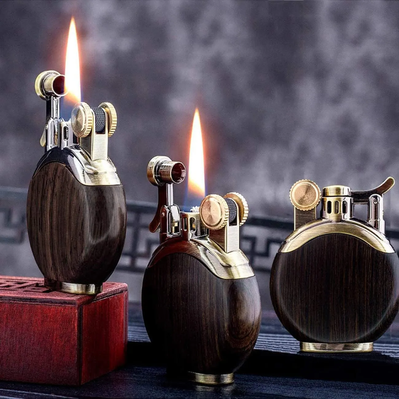 Wooden Lighter, Windproof Reusable Antique Classic Flame Lighter, Unique Birthday Gifts for Men Dad Husband with 1 Flints and 1 Wick (Black)