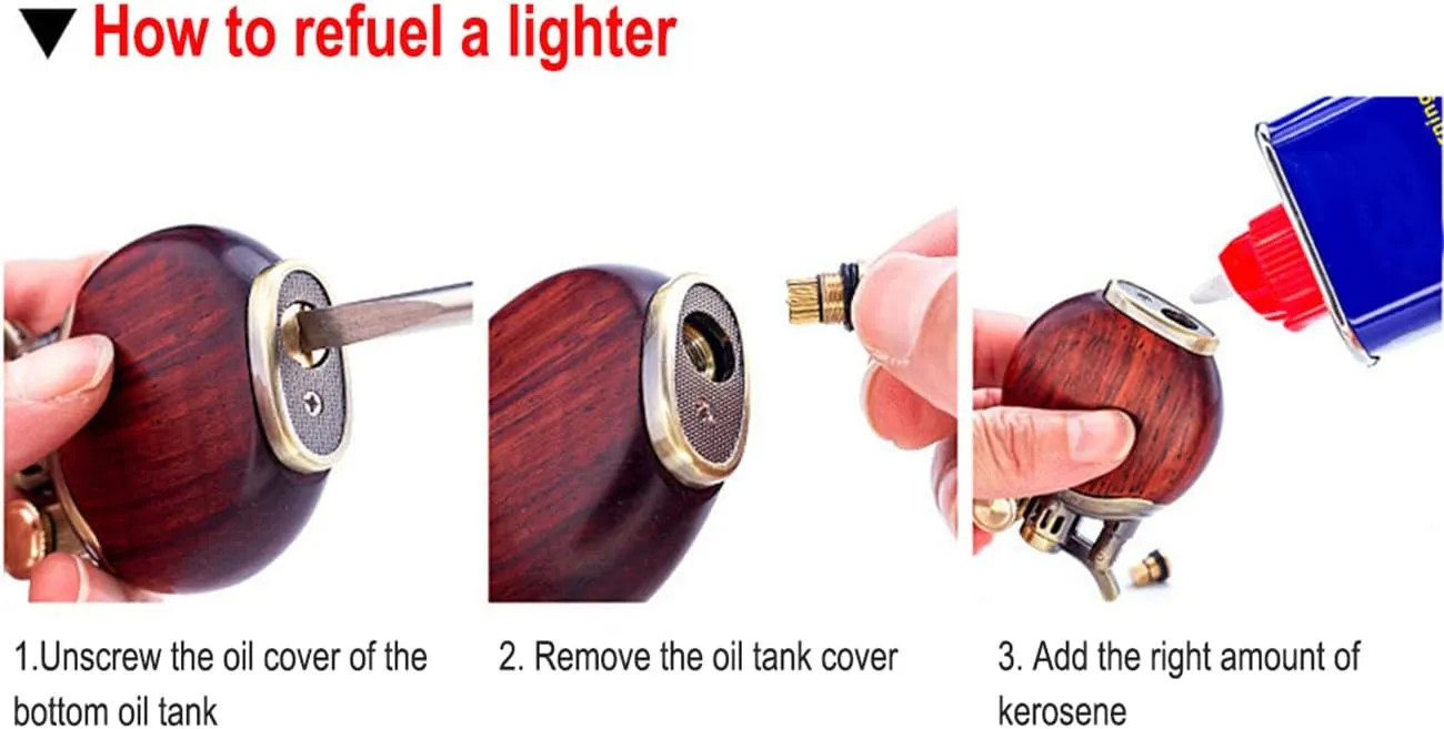 Wooden Lighter, Windproof Reusable Antique Classic Flame Lighter, Unique Birthday Gifts for Men Dad Husband with 1 Flints and 1 Wick (Black)