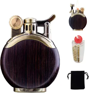 Wooden Lighter, Windproof Reusable Antique Classic Flame Lighter, Unique Birthday Gifts for Men Dad Husband with 1 Flints and 1 Wick (Black)