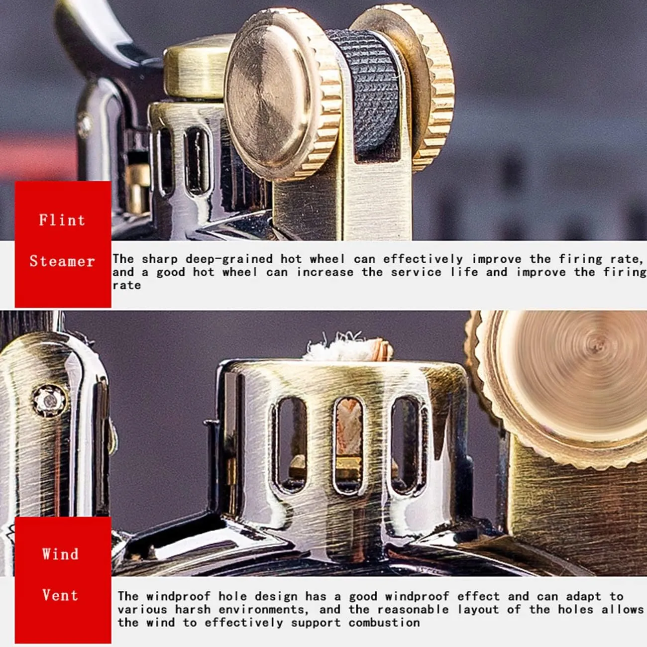 Wooden Lighter, Windproof Reusable Antique Classic Flame Lighter, Unique Birthday Gifts for Men Dad Husband with 1 Flints and 1 Wick (Black)