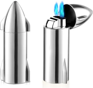 Woodronic Butane Torch Lighter with Built-in Punch, Adjustable Flame, Spaceship Rocket Refillable Butane Lighter for Cooking Grill, Gift for Men