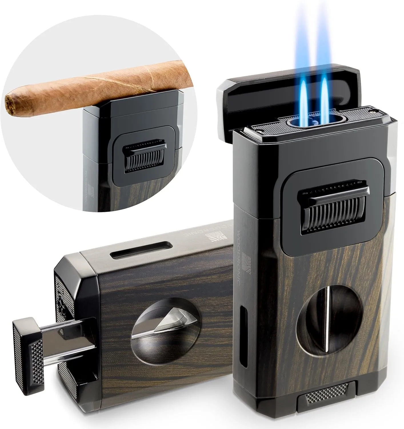 Woodronic Cigar Lighter with V-Cut Cigar Cutter and Cigar Holder, Refillable Dual Jet Lighter Without Butane, Lightweight and Windproof, Cigar Gift for Men, Black