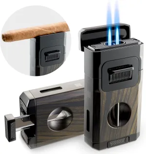 Woodronic Cigar Lighter with V-Cut Cigar Cutter and Cigar Holder, Refillable Dual Jet Lighter Without Butane, Lightweight and Windproof, Cigar Gift for Men, Black