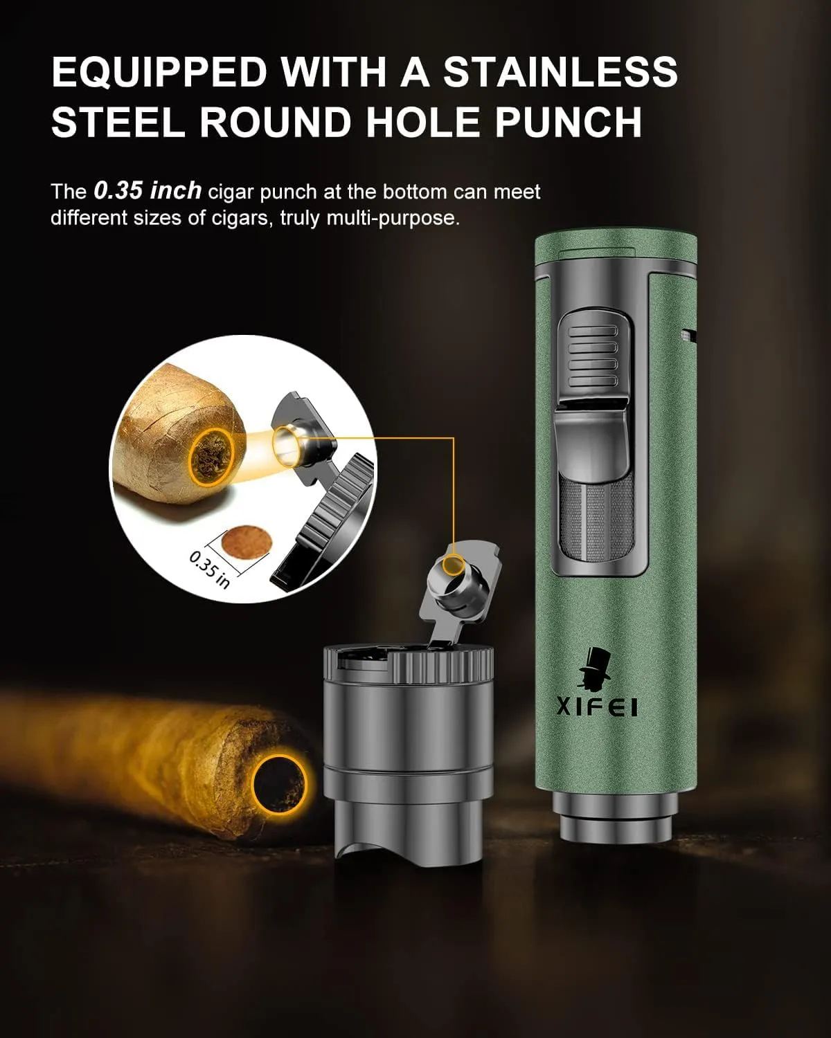 XIFEI 4-in-1 Multi-functional Lighter - Cigar Punch, Holder, Draw Enhancer & Adjustable Jet Flame Torch - Refillable Butane, Gift for Men (Green)