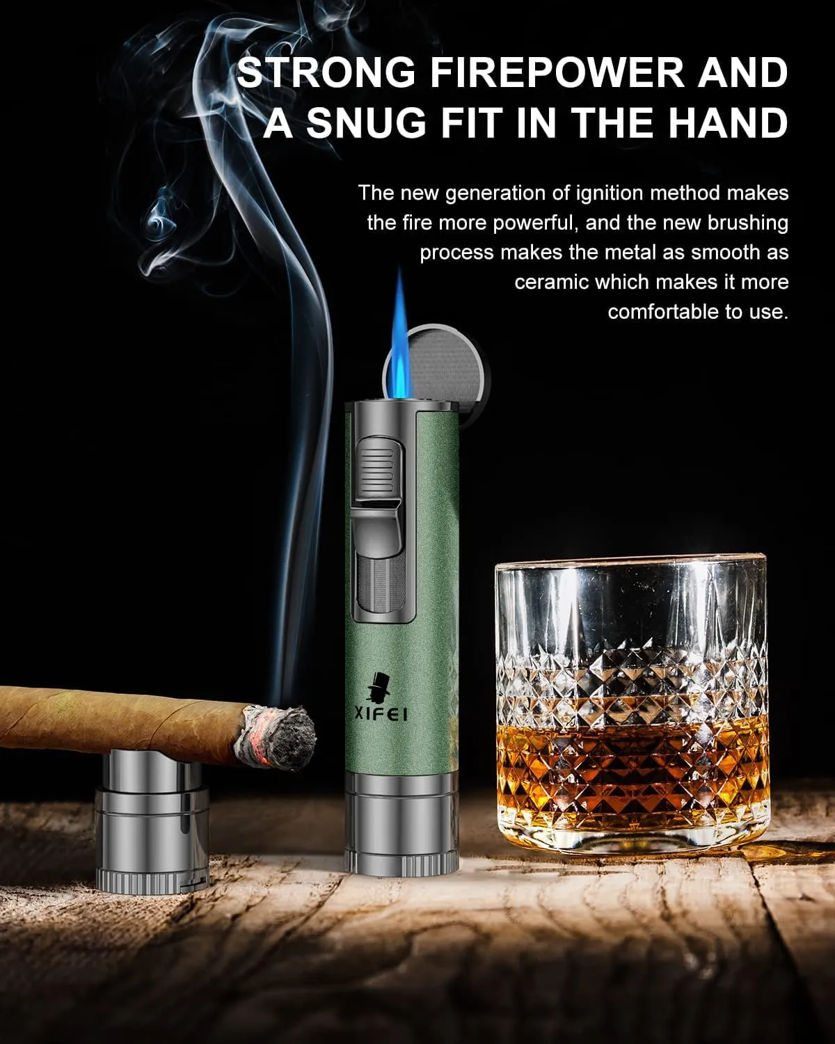 XIFEI 4-in-1 Multi-functional Lighter - Cigar Punch, Holder, Draw Enhancer & Adjustable Jet Flame Torch - Refillable Butane, Gift for Men (Green)