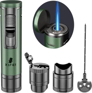 XIFEI 4-in-1 Multi-functional Lighter - Cigar Punch, Holder, Draw Enhancer & Adjustable Jet Flame Torch - Refillable Butane, Gift for Men (Green)