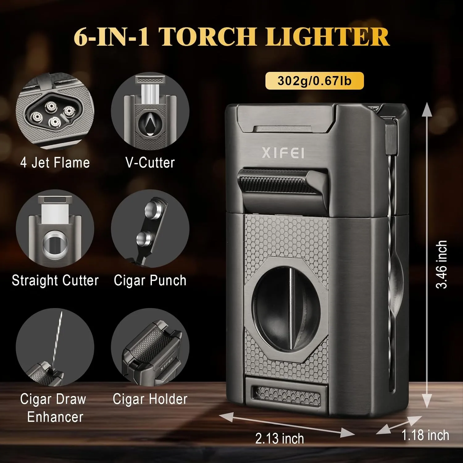 XIFEI 6-in-1 Cigar Lighter, Desktop Torch Lighter with Straight Cut V-Cut Cigar Cutter, Dual Cigar Punch, Cigar Draw Enhancer, Cigar Holder, 4 Jet Flame Refillable Butane Lighter Gift for Men (Gray)
