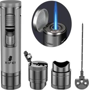 XIFEI Cigar Lighter, 4-in-1 Torch Lighter with Cigar Punch, Cigar Holder, Cigar Draw Enhancer, Multi-Functional Cigar Accessories, for Men, Refillable Butane Lighters (Gray)