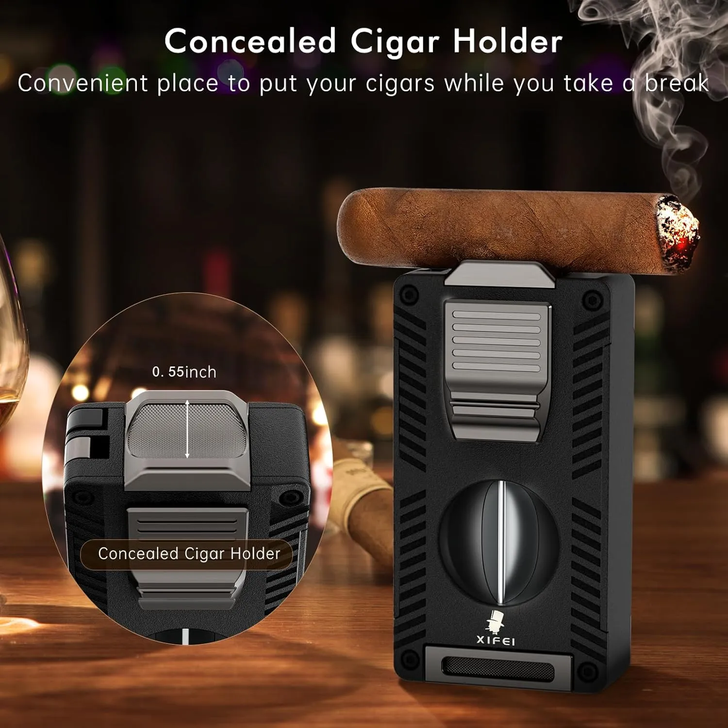 XIFEI Cigar Lighter, Refillable Torch Lighter with Cigar Cutter V Cut Cigar Punch Cigar Draw Enhancer Cigar Holder, 5 in 1 Butane Lighters Double Jet Flame, Cigar Accessories Gift for Men (Black)