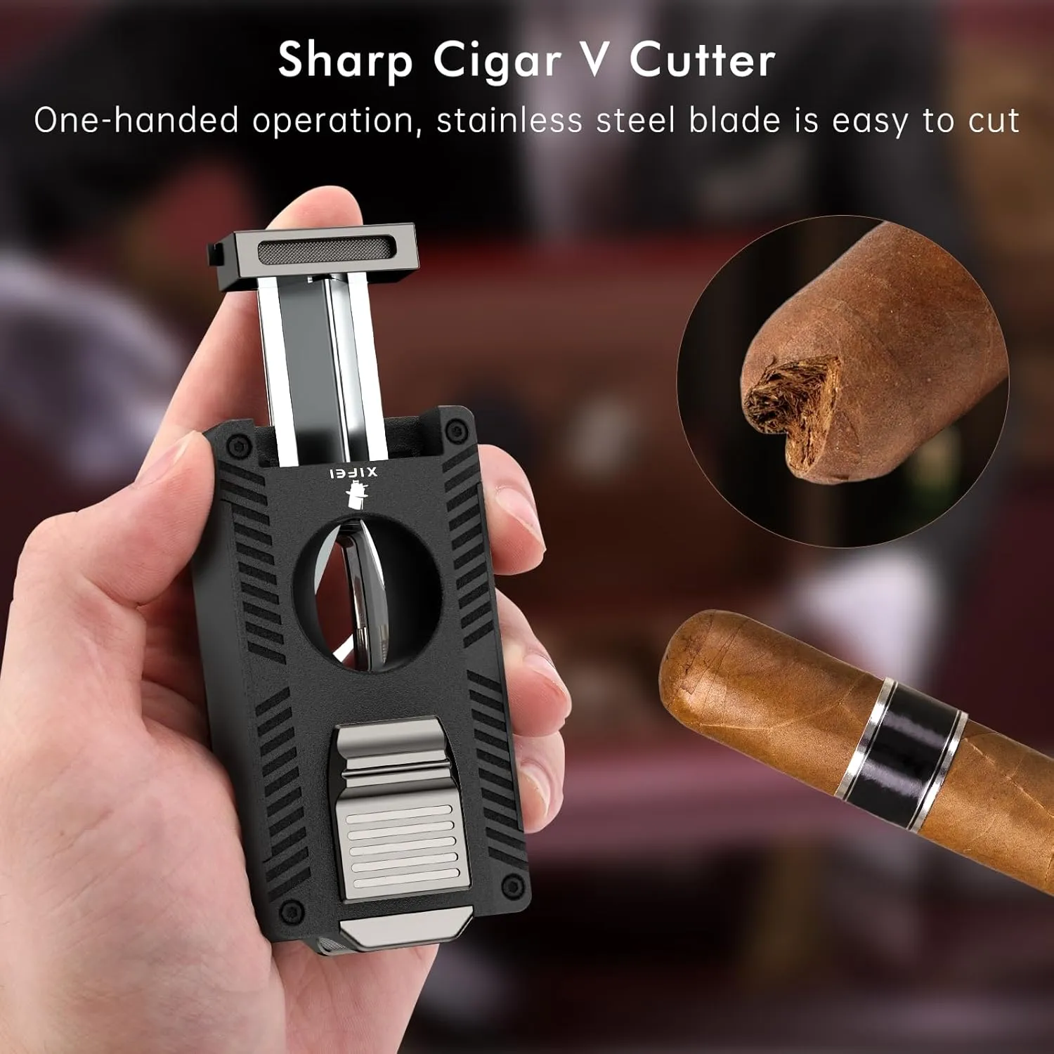 XIFEI Cigar Lighter, Refillable Torch Lighter with Cigar Cutter V Cut Cigar Punch Cigar Draw Enhancer Cigar Holder, 5 in 1 Butane Lighters Double Jet Flame, Cigar Accessories Gift for Men (Black)