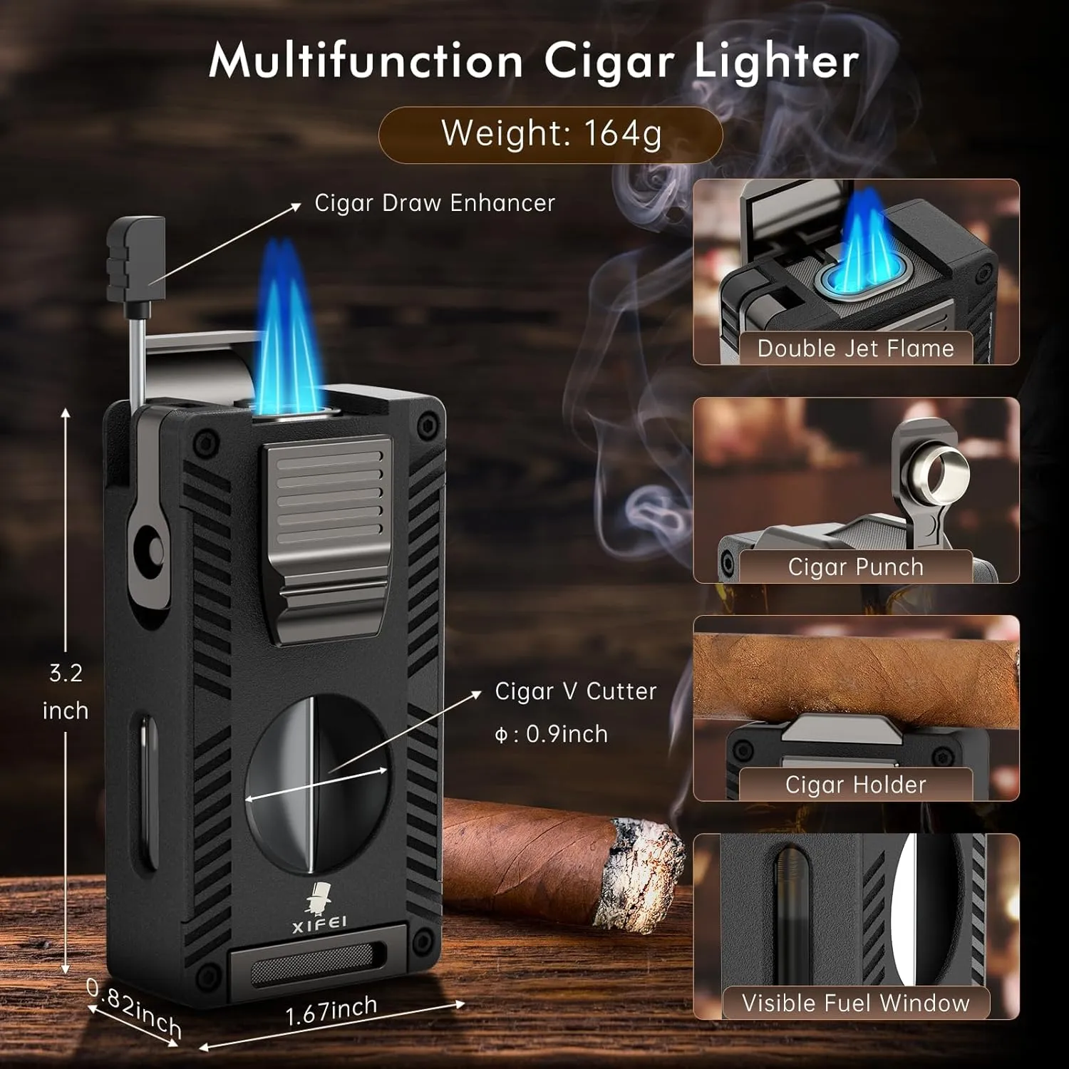 XIFEI Cigar Lighter, Refillable Torch Lighter with Cigar Cutter V Cut Cigar Punch Cigar Draw Enhancer Cigar Holder, 5 in 1 Butane Lighters Double Jet Flame, Cigar Accessories Gift for Men (Black)