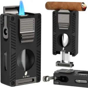XIFEI Cigar Lighter, Refillable Torch Lighter with Cigar Cutter V Cut Cigar Punch Cigar Draw Enhancer Cigar Holder, 5 in 1 Butane Lighters Double Jet Flame, Cigar Accessories Gift for Men (Black)