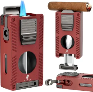 XIFEI Torch Lighter, Double Jet Flame Lighter with Cigar V Cutter and Punch, Draw Enhancer and Holder, Refillable Butane Lighter, Multifunctional Cigar Accessory for Men's Gift (Red)