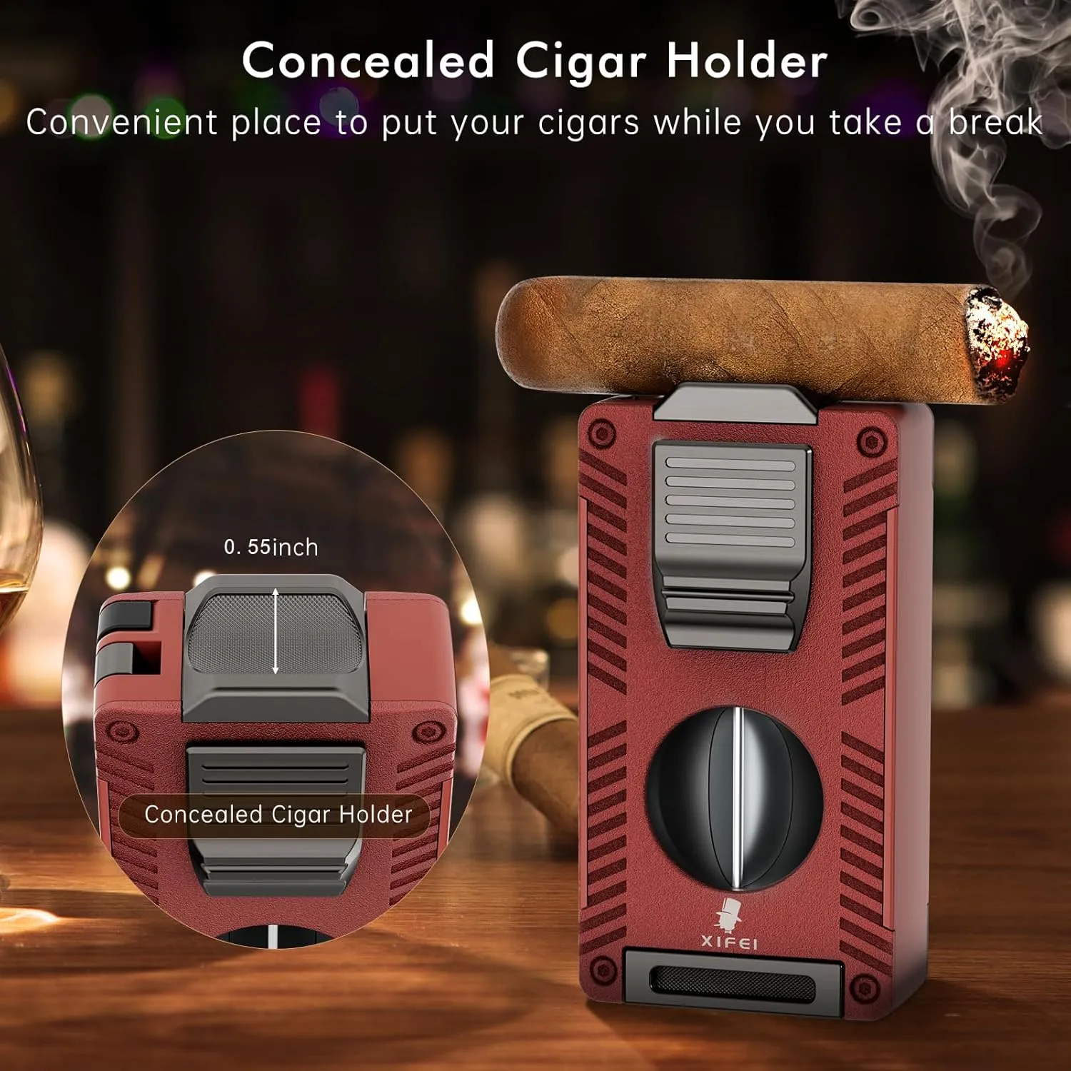 XIFEI Torch Lighter, Double Jet Flame Lighter with Cigar V Cutter and Punch, Draw Enhancer and Holder, Refillable Butane Lighter, Multifunctional Cigar Accessory for Men's Gift (Red)