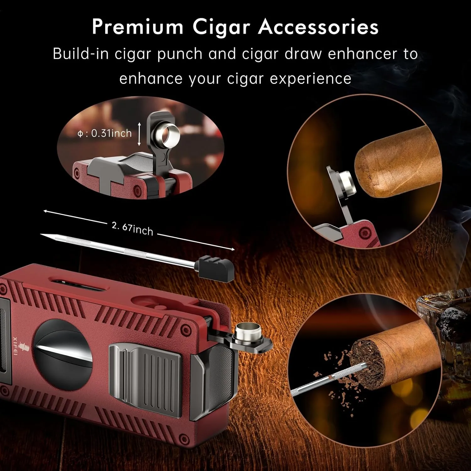 XIFEI Torch Lighter, Double Jet Flame Lighter with Cigar V Cutter and Punch, Draw Enhancer and Holder, Refillable Butane Lighter, Multifunctional Cigar Accessory for Men's Gift (Red)