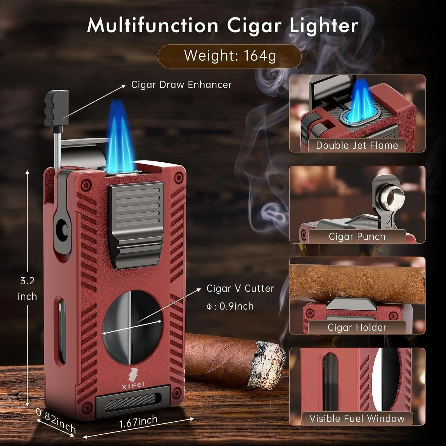 XIFEI Torch Lighter, Double Jet Flame Lighter with Cigar V Cutter and Punch, Draw Enhancer and Holder, Refillable Butane Lighter, Multifunctional Cigar Accessory for Men's Gift (Red)