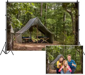 Yeele 7x5ft Scouts Forest Camping Photography Backdrop Summer Camp Green Canvas Tent Background Jungle Explore Hiking Woods Adventure Tree Plant Suburb Picnic Outdoor Campground Photo Studio Props