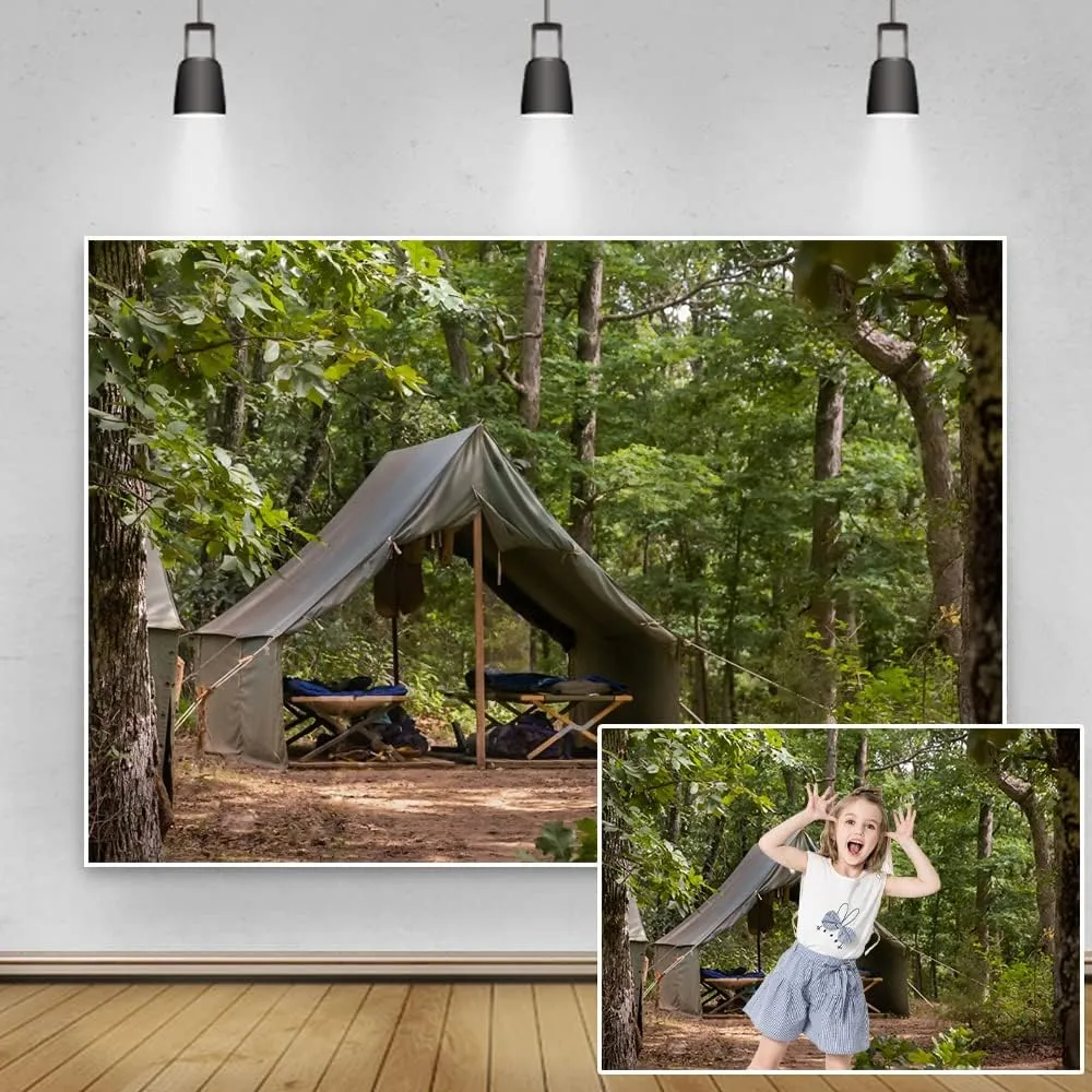 Yeele 7x5ft Scouts Forest Camping Photography Backdrop Summer Camp Green Canvas Tent Background Jungle Explore Hiking Woods Adventure Tree Plant Suburb Picnic Outdoor Campground Photo Studio Props